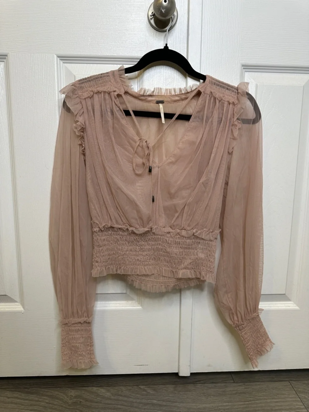 Free People Twyla Sheer Blouse Dusty Rose Pink Tie Front Ruffle Top Size S
